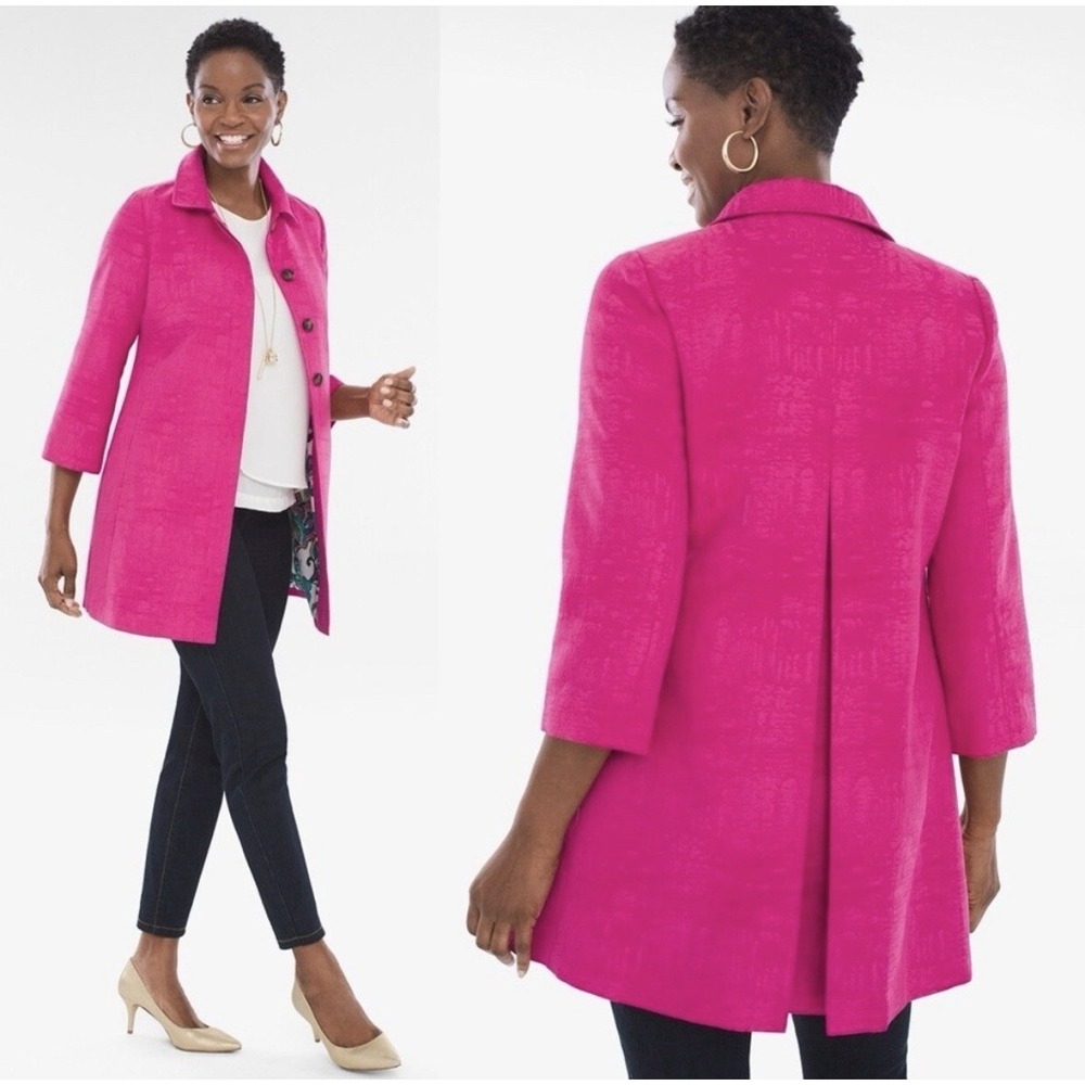Chicos Textured Jacket Size 0 Small Pink 3/4 Sleeve Hidden Button Career Topper
